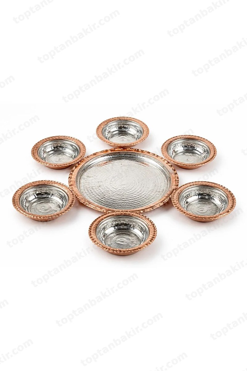 Rope-Edged Copper Tray (25 CM) with Set of 6 Rope-Edged Copper Breakfast, Nut & Meze Dishes (12 CM)