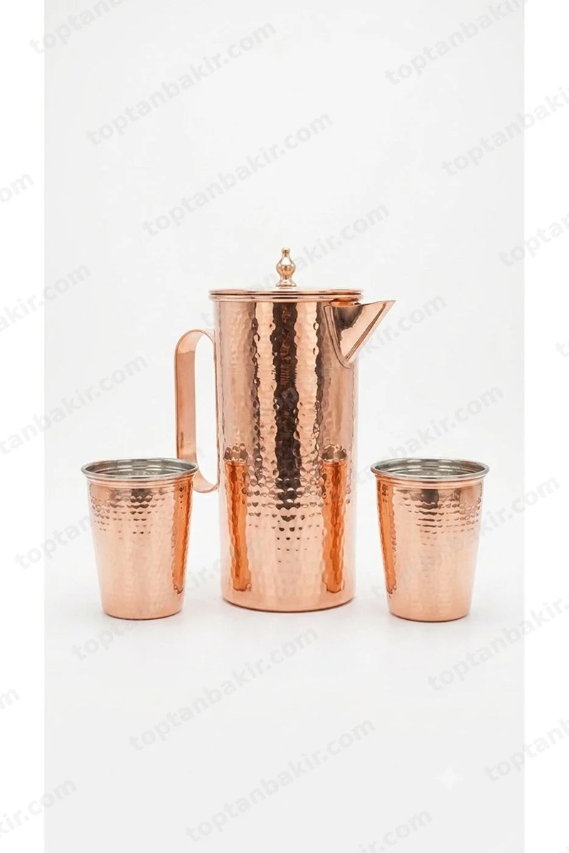 Copper Cylindrical Pitcher with Lid 1.4 LT & Set of 2 Conical Copper Cups