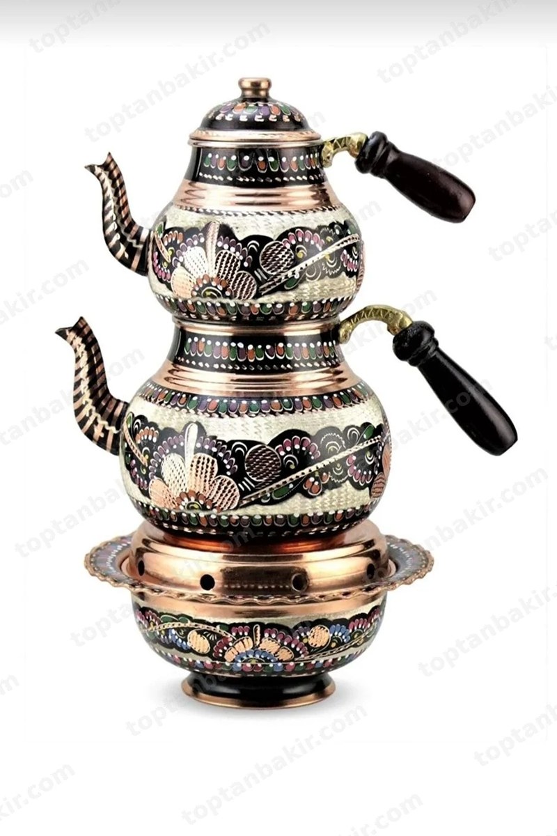 Enameled Large Copper Tea Kettle with Warmer